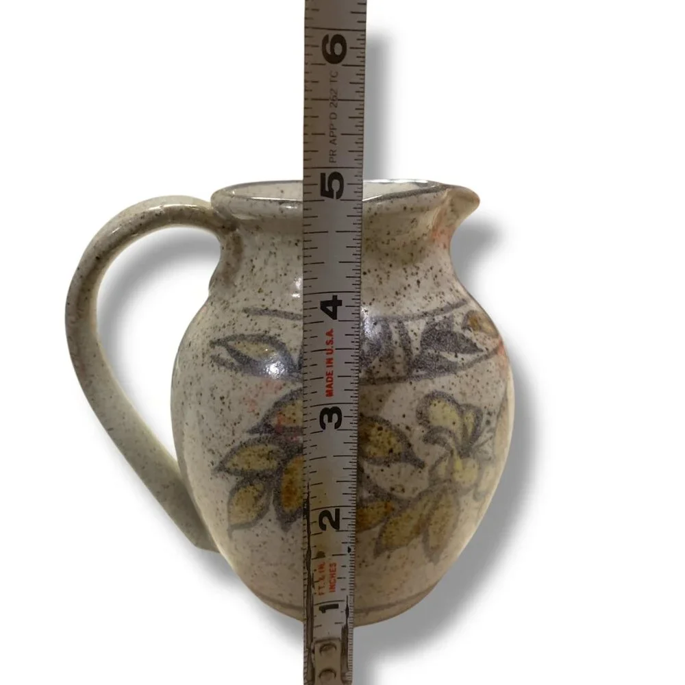 Studio Pottery VTG Mini Ceramic Pitcher Floral Tan Blue Accents 5’ Artist Signed